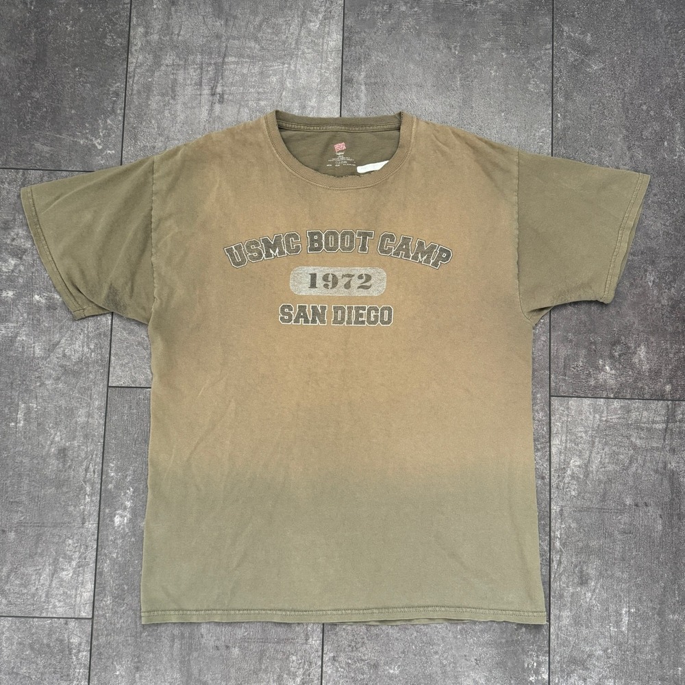 Hanes USMC Boot Camp 1972 San Diego Graphic T-Shirt Mens Large Olive Green Faded